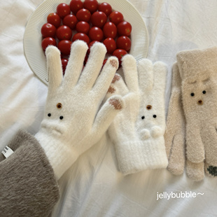 小熊手套女冬季 保暖加绒加厚可爱可触屏毛线骑行防寒学生毛绒手套