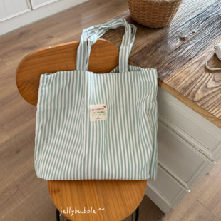 夏日薄荷绿慵懒风大容量条纹帆布包法式棉制托特包手提单肩包帆布