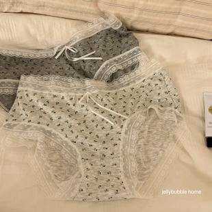 回馈款 女生纯棉裆 ～灰调温柔蕾丝性感碎花中腰女士好弹力内裤