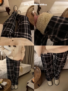 睡裤 休闲裤 ～高腰显瘦加绒加厚格子女秋冬直筒阔腿长裤 加薄绒款