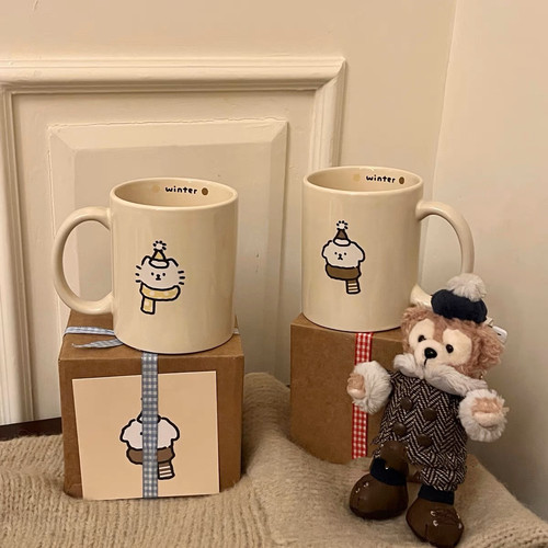 小狗猫猫奶黄色手柄马克杯