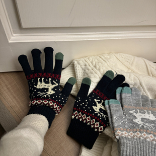 小鹿针织保暖手套分指可触屏手套加厚 费尔岛风格 北海道 冬天～