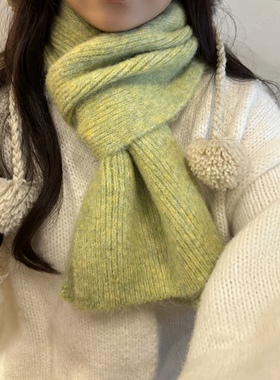香草黄绿~韩版ins绿色针织围巾女冬季新款百搭保暖毛线围脖男情侣