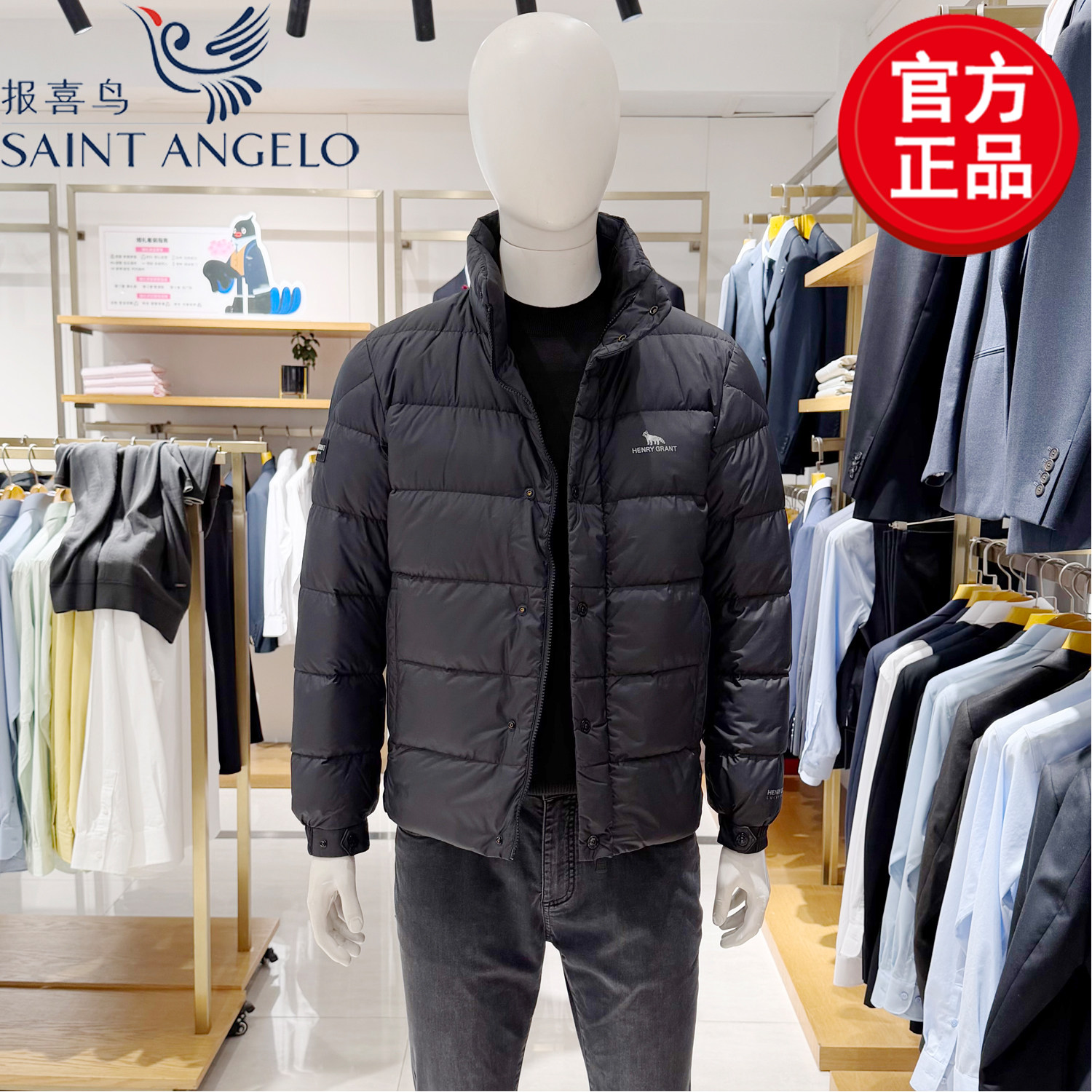 报喜鸟旗下小熊猫系列男士时尚休闲羽绒服轻薄立领英伦运动羽绒服