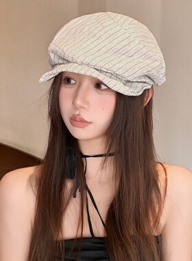 日系小众复古亚麻褶皱条纹帽