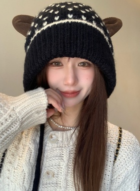 可爱减龄爱心耳朵宽松大头围显瘦毛线帽女秋冬加绒保暖护耳针织帽