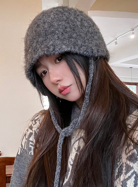 秋冬新款含羊毛针织帽子女绑带显脸小保暖毛线帽韩系护耳百搭盆帽