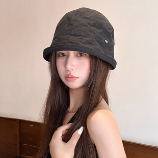 透气亚麻渔夫帽女简约纯色显气质日常出游四季款显脸小可折叠盆帽