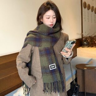 韩系复古格子绿色围巾女冬季加长流苏保暖百搭仿羊绒披肩情侣围脖