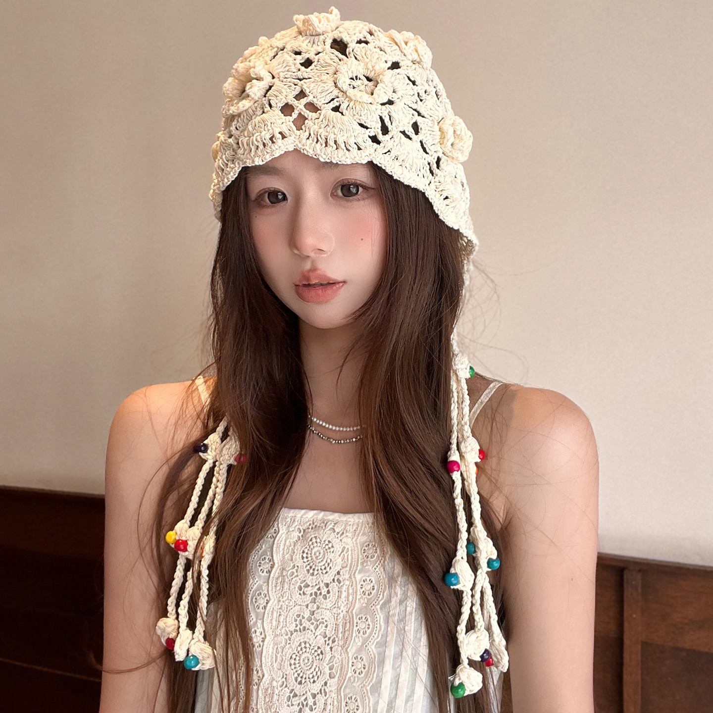 挂珠手工钩花针织堆堆帽