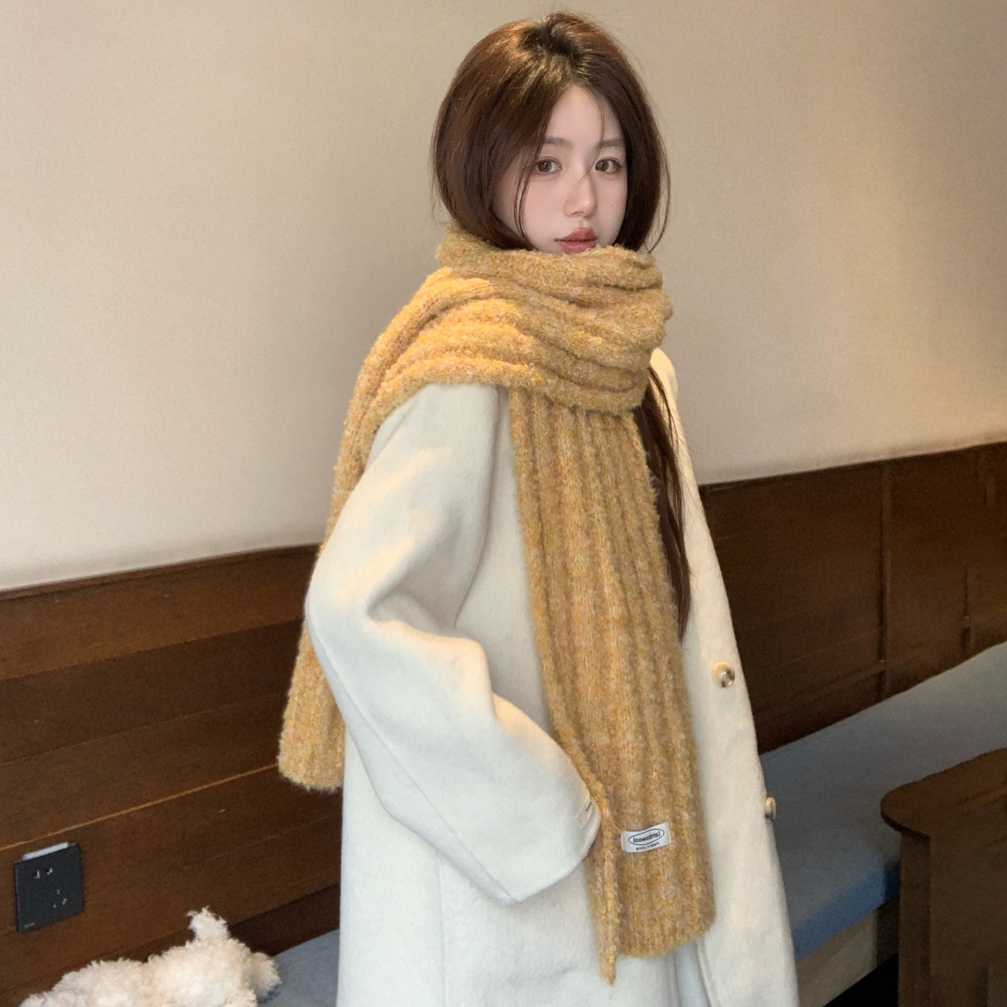 韩版ins黄色针织围巾保暖软糯