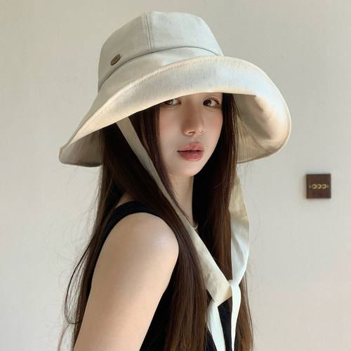 亚麻飘带大檐防晒显脸小渔夫帽