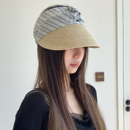 女款日系条纹宽檐防晒空顶帽