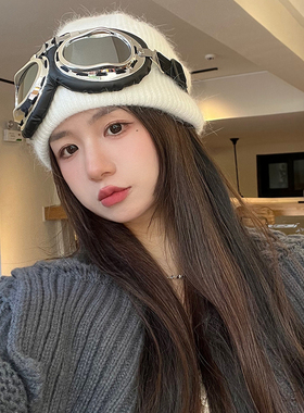 韩版ins冬加厚兔毛针织帽赵丽颖同款眼镜帽保暖毛线帽护耳飞行帽
