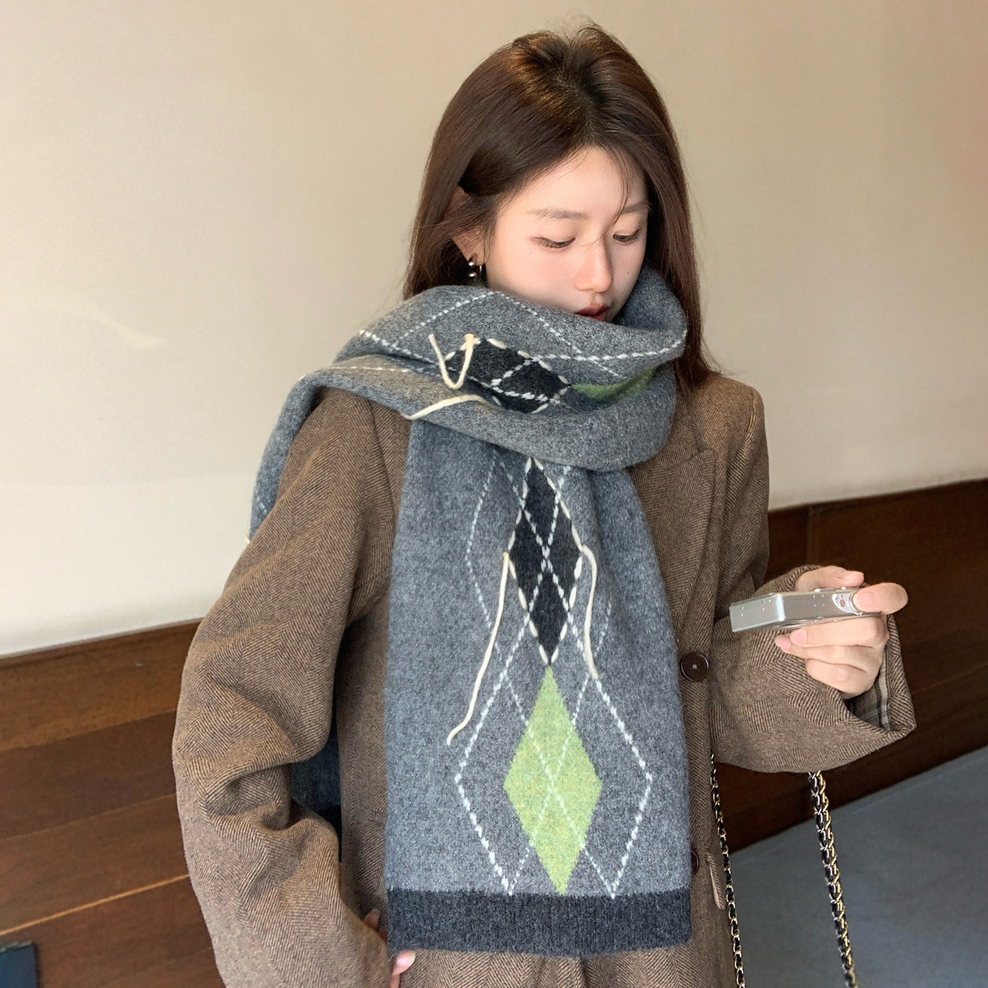 英伦复古含羊毛围巾冬季保暖围脖