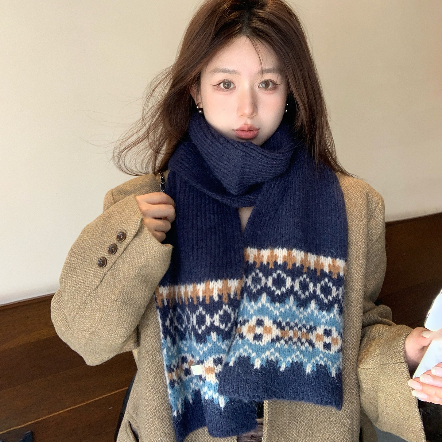 川西旅拍含羊毛针织复古针织围巾女秋冬保暖情侣款高级ins风围脖