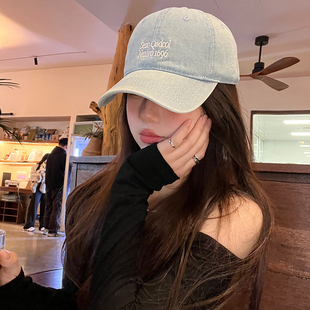 日系原创街头牛仔布棒球帽子女韩版蓝色字母刺绣鸭舌帽男显脸小