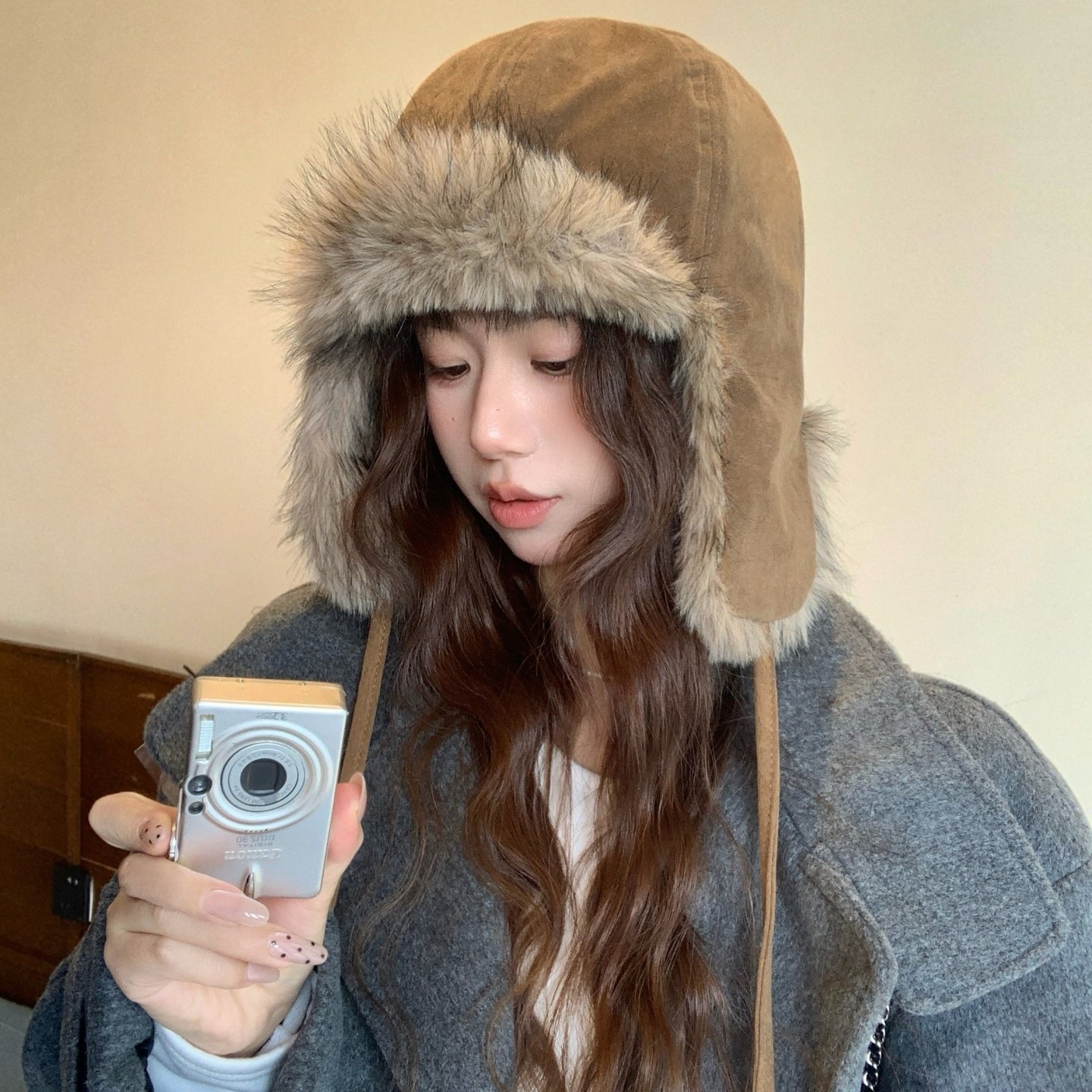 复古麂皮毛绒护耳雷锋帽子女冬季大头围加厚保暖骑行帽防寒套头帽 - 小黄帽子铺出品