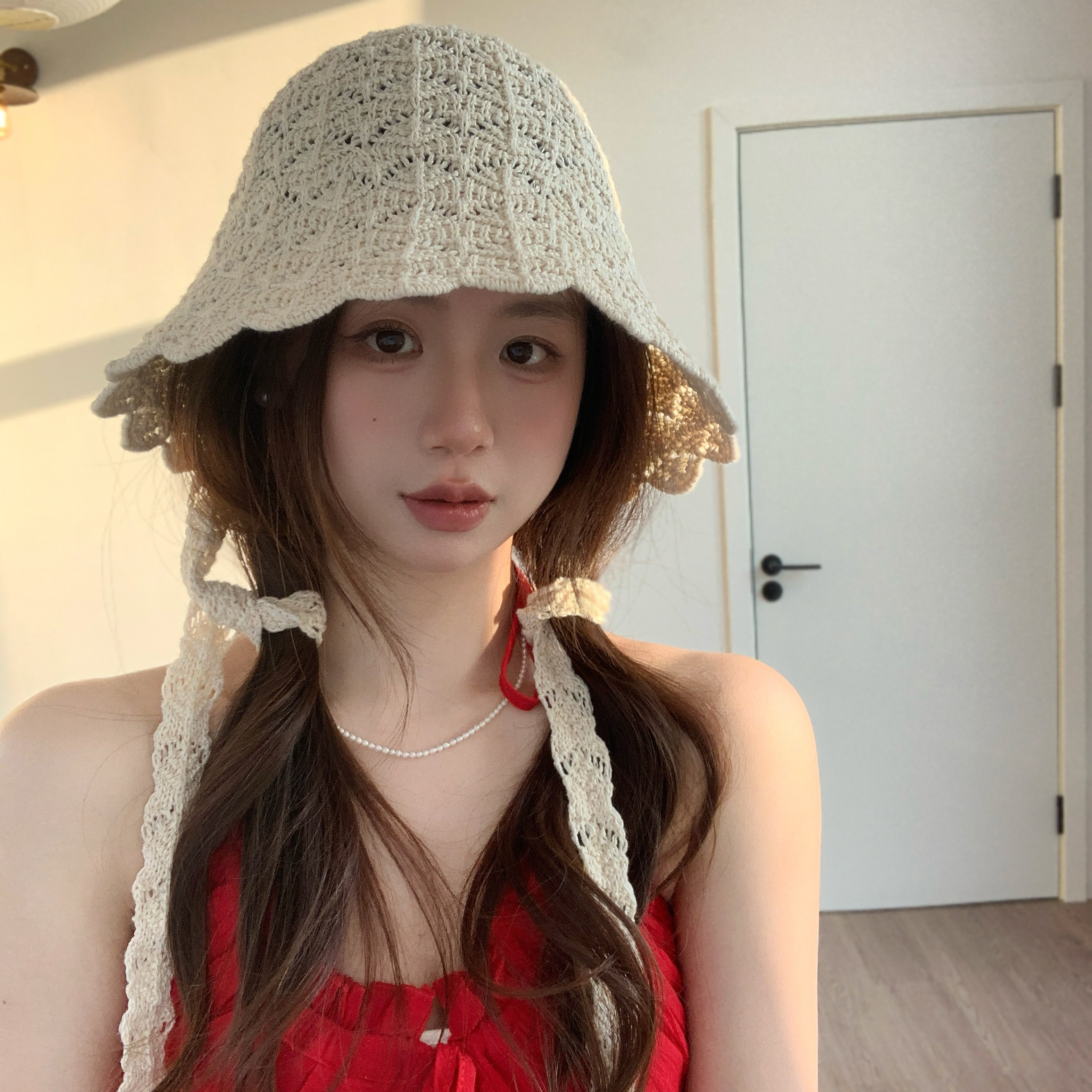 韩版镂空针织系带渔夫帽女夏季遮阳防晒显脸小度假编织辫子水桶帽