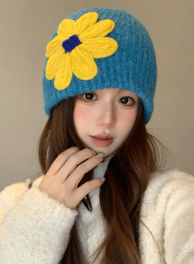 复古花毛线帽女秋冬保暖显脸小