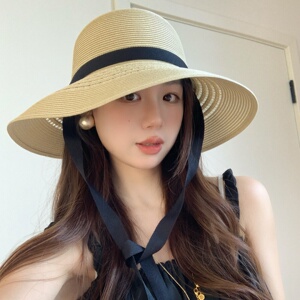 赫本风法式绑带草帽大帽檐显脸小草编渔夫帽女夏出游遮阳防晒帽子