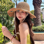 珍珠挂链沙滩帽草帽子女夏季 遮阳出游海边度假防晒遮阳渔夫帽