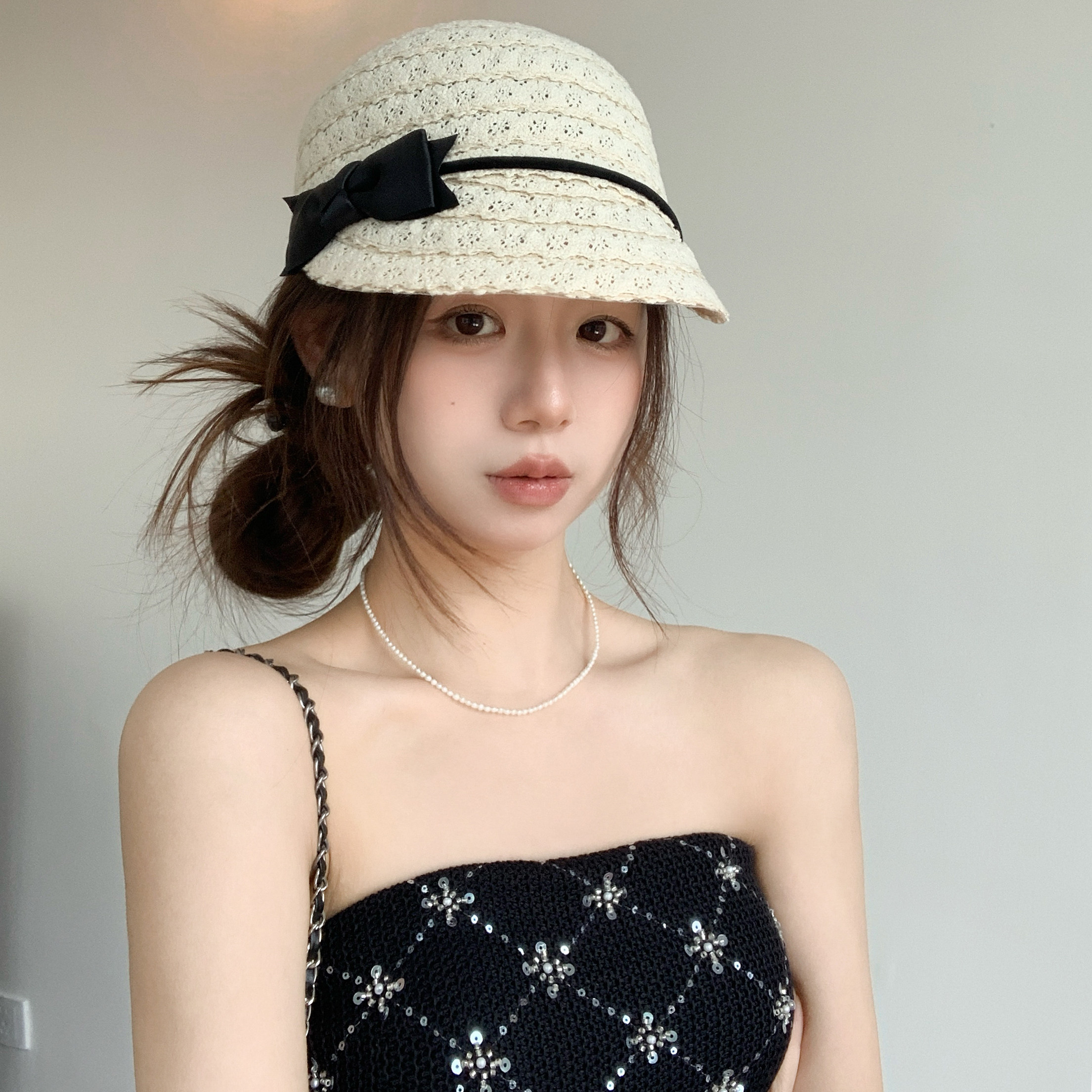 法式编织骑士帽子女春季蝴蝶结短檐遮阳防晒显脸小休闲气质马术帽