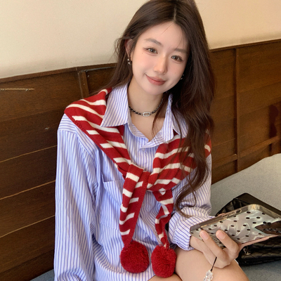 2025新款韩版时尚条纹球球围巾