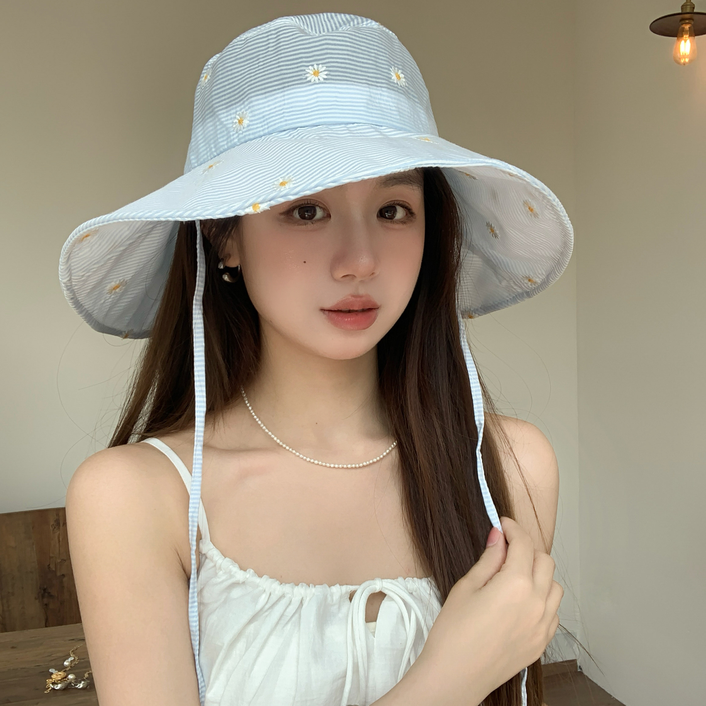 韩版小清新甜美小雏菊条纹渔夫帽女春季大檐可折叠防晒遮阳帽透气