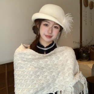 高品质白色礼帽秋冬季100%纯羊毛高克重气质优雅千金帽卷边盆帽子