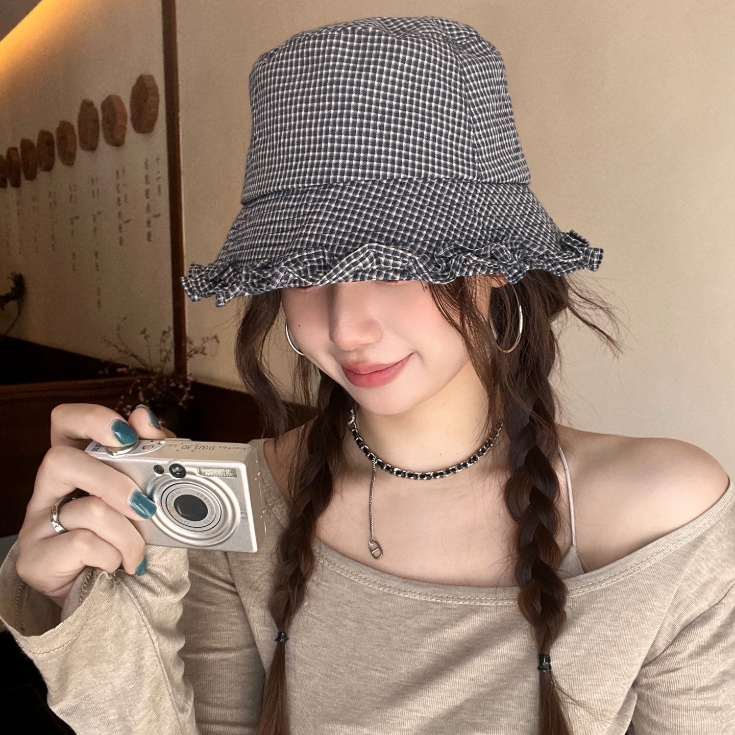 日系格纹花边蓝色渔夫帽子女百搭显脸小盆帽防晒遮脸遮阳帽秋天
