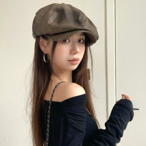 PU皮质日系复古显脸小报童帽女