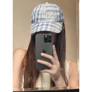 2025新款小清新蓝色格子鸭舌帽子春夏季韩版百搭显脸小遮阳棒球帽