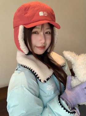 高品质红色羊羔绒雷锋帽女冬季加厚保暖护耳防寒滑雪飞行鸭舌帽男