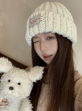 手工韩国贴布保暖护耳冰岛粗毛线冷帽针织帽子显脸小包头帽秋冬天