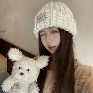 手工韩国贴布保暖护耳冰岛粗毛线冷帽针织帽子显脸小包头帽秋冬天