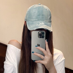 美式复古做旧蓝色棒球帽女2025年春新款字母刺绣帽子显脸小鸭舌帽