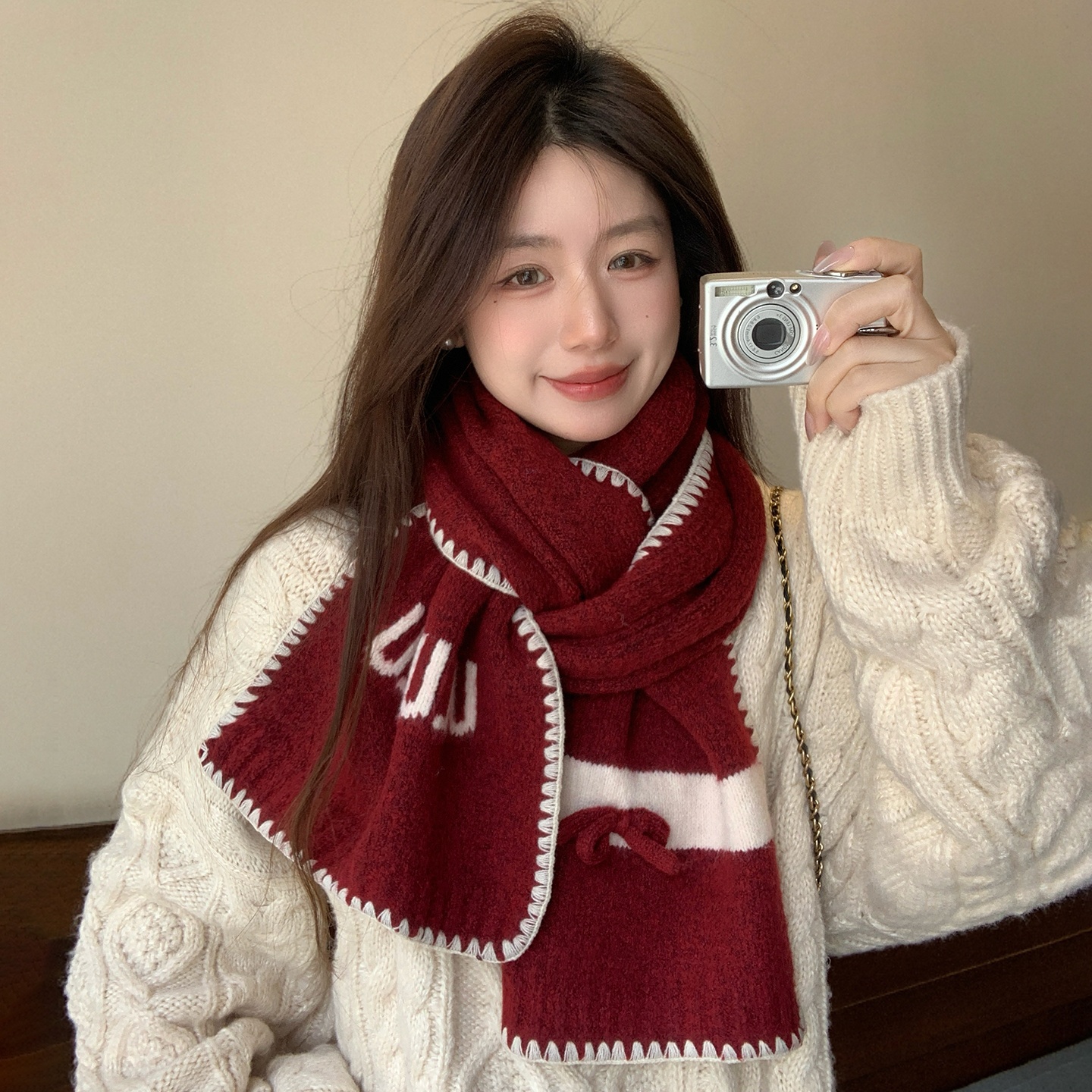 韩系百搭针织红色围巾女生冬季加厚保暖防寒户外学生情侣骑行围脖