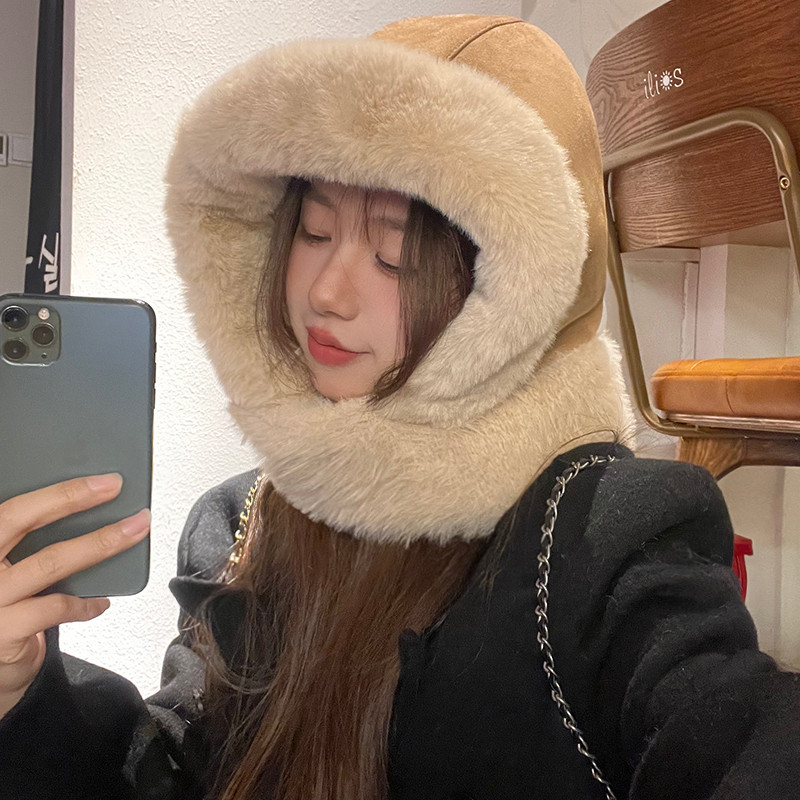 麂皮绒毛绒巴拉克拉法帽冬季护颈加绒骑车雷锋帽女保暖护耳套头帽