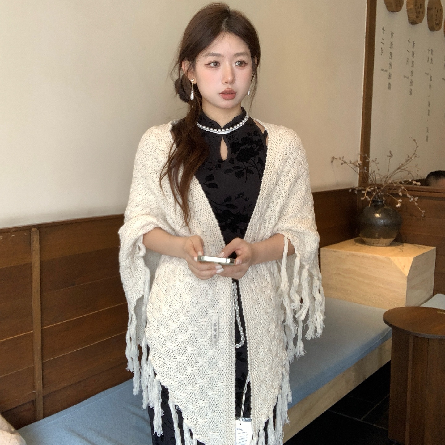 千金风复古文艺针织旗袍披肩女外搭搭配汉服宴会礼服春秋三角披巾