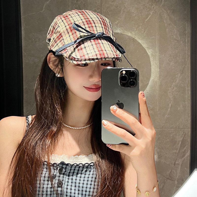 日系复古牛仔蝴蝶结前进帽子女春秋格子红色贝雷帽画家帽夏季薄款 - 实物图