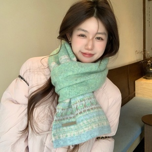 费尔岛风提花针织围巾女秋冬季 保暖百搭学生情侣护颈围脖 2025新款