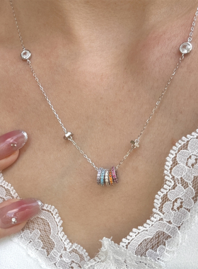 s925通体纯银彩色路路通小蛮腰圆环项链甜美小众设计感轻奢锁骨链