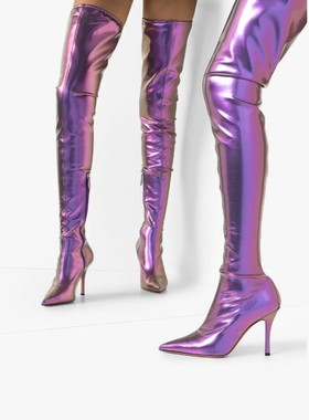 欧美夜店钢管舞靴尖头高跟细跟紫色过膝长靴胖mm大筒围性感弹力靴