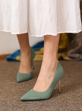 春新款蓝色高跟鞋女裸色真皮细跟性感浅口尖头大码单鞋40-43小码