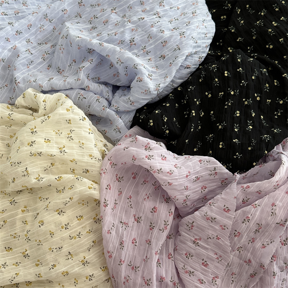 布亦 清新碎花印花泡泡格纹布料衬衫连衣裙发圈面料皱布雪纺布料