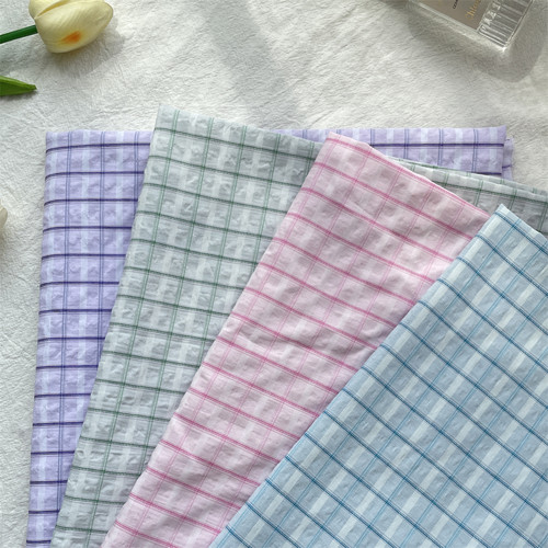 小清新气泡格子褶皱雪纺布料连衣裙服装手工diy面料