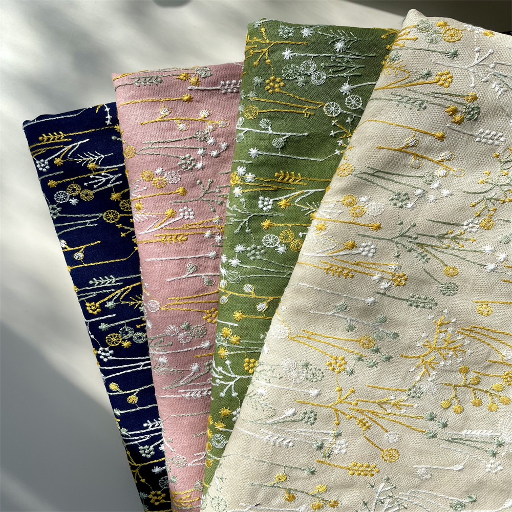 lunita日式立体刺绣苎麻布料手工diy包包服装桌布抱枕套绣花面料图片