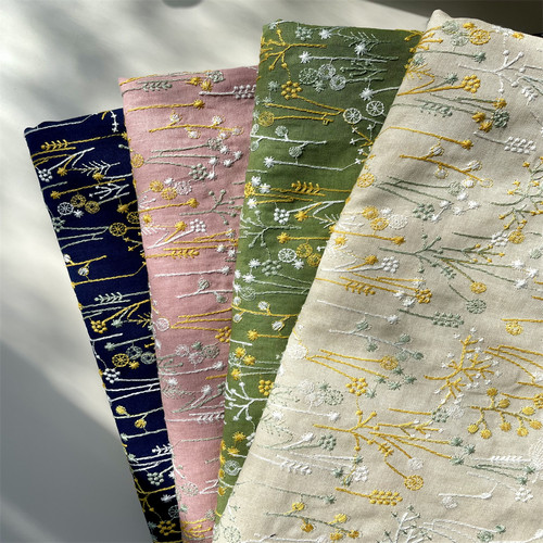 lunita日式立体刺绣苎麻布料手工diy包包服装桌布抱枕套绣花面料