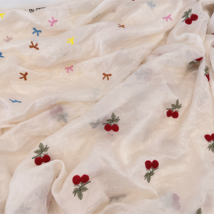 布亦 樱桃糖果色蝴蝶结刺绣蕾丝仿天丝衬衫连衣裙防晒衣服装面料